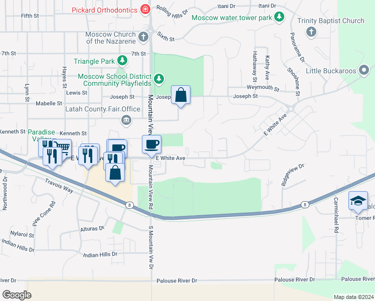 map of restaurants, bars, coffee shops, grocery stores, and more near 1830 White Avenue in Moscow