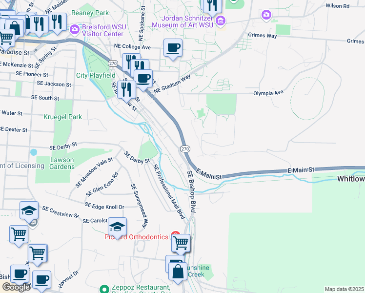 map of restaurants, bars, coffee shops, grocery stores, and more near 1288 Southeast Latah Street in Pullman
