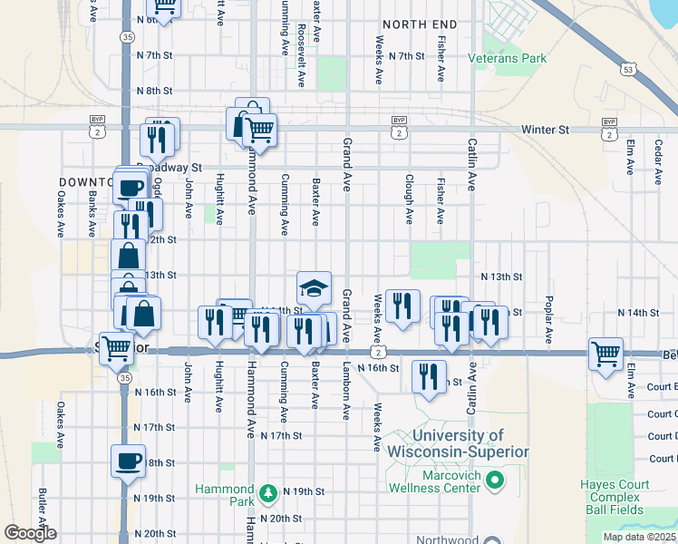 map of restaurants, bars, coffee shops, grocery stores, and more near 1223 Grand Avenue in Superior