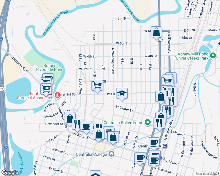 map of restaurants, bars, coffee shops, grocery stores, and more near 717 North Washington Avenue in Centralia