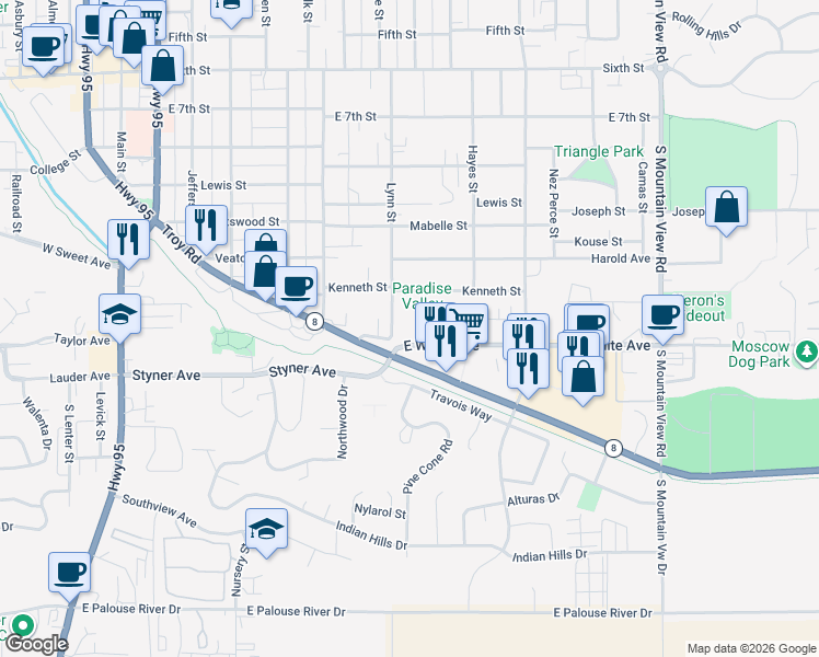 map of restaurants, bars, coffee shops, grocery stores, and more near 1217 Hanson Avenue in Moscow