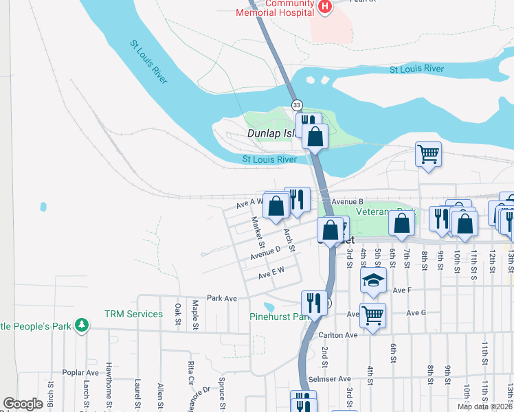 map of restaurants, bars, coffee shops, grocery stores, and more near 216 Avenue A West in Cloquet