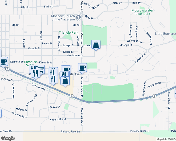 map of restaurants, bars, coffee shops, grocery stores, and more near 1680 White Avenue in Moscow