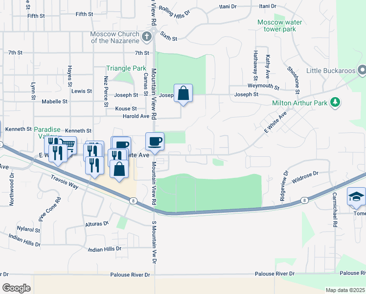 map of restaurants, bars, coffee shops, grocery stores, and more near 1830 White Avenue in Moscow