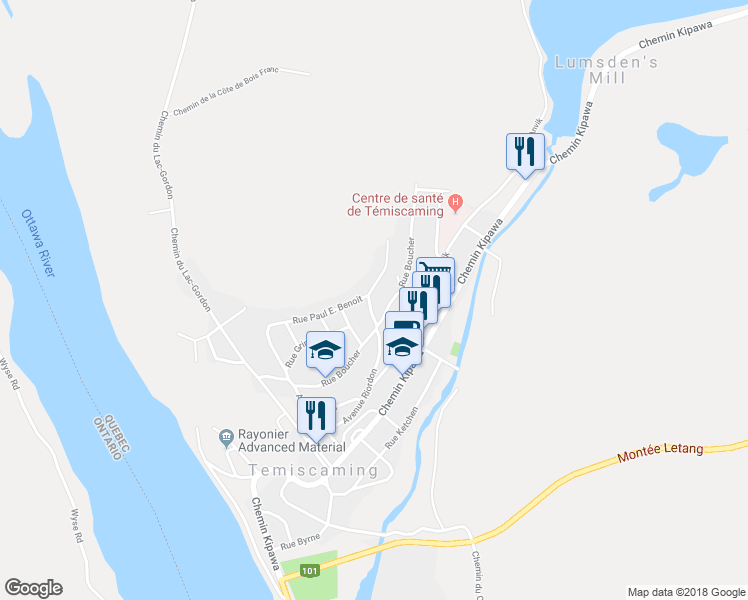 map of restaurants, bars, coffee shops, grocery stores, and more near 157 Avenue Riordon in Témiscaming