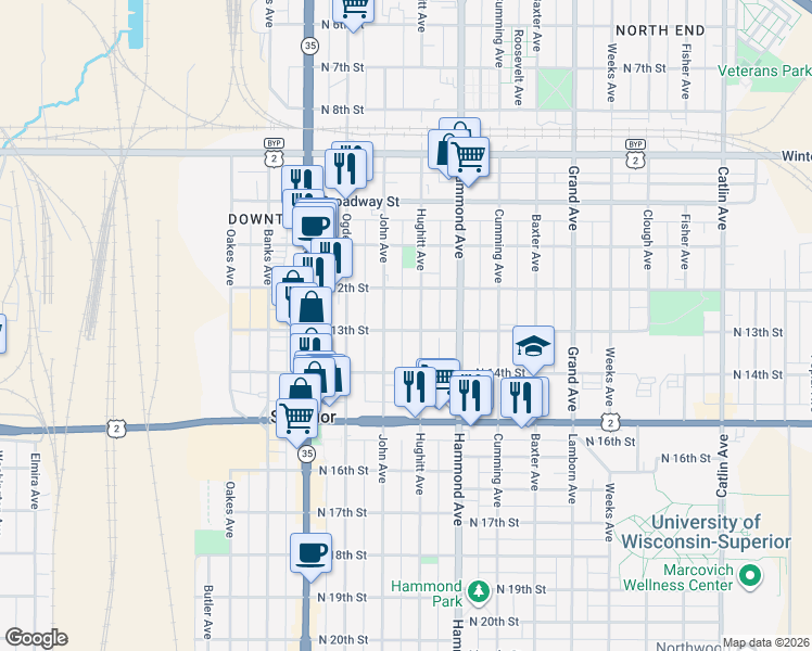 map of restaurants, bars, coffee shops, grocery stores, and more near 1511 North 13th Street in Superior