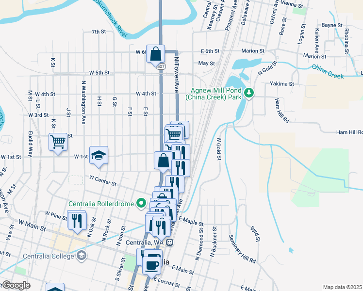 map of restaurants, bars, coffee shops, grocery stores, and more near 710 North Tower Avenue in Centralia
