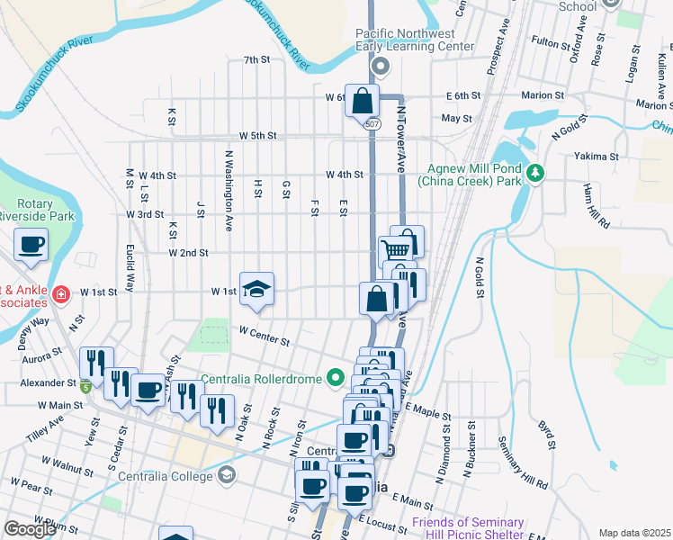 map of restaurants, bars, coffee shops, grocery stores, and more near 715 E Street in Centralia