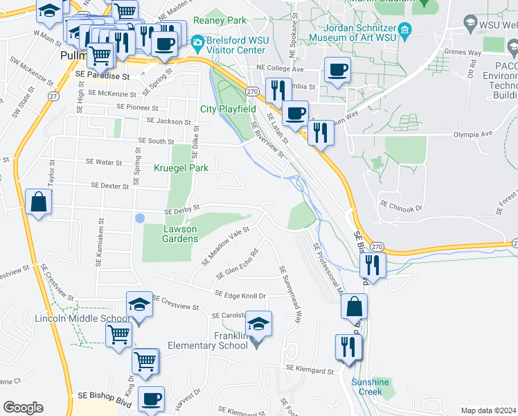 map of restaurants, bars, coffee shops, grocery stores, and more near 898 SE Derby St in Pullman