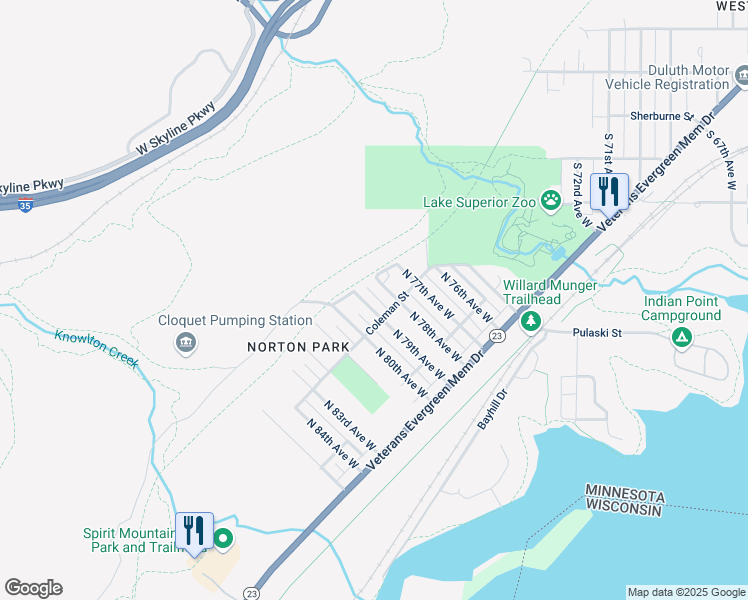 map of restaurants, bars, coffee shops, grocery stores, and more near 507 North 78th Avenue West in Duluth