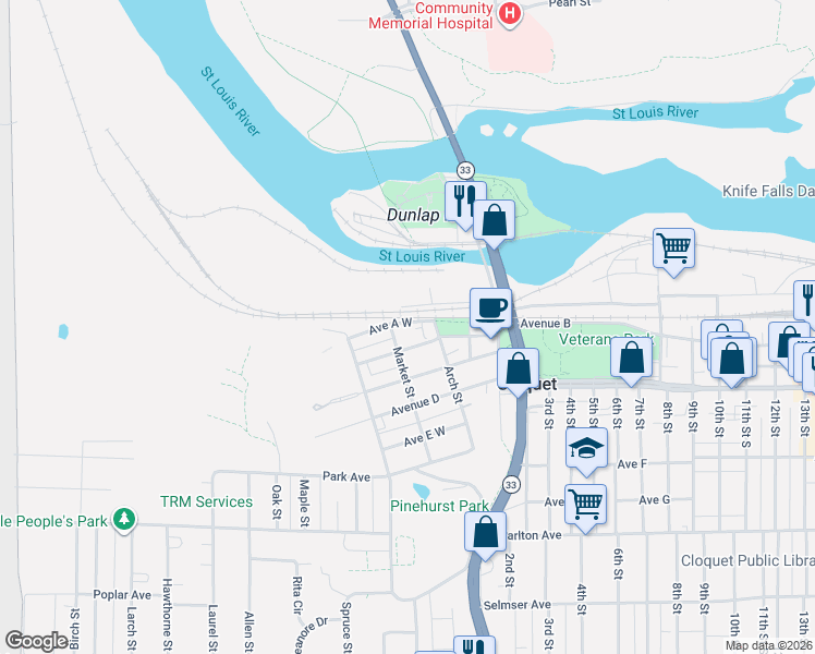 map of restaurants, bars, coffee shops, grocery stores, and more near 216 Avenue A West in Cloquet