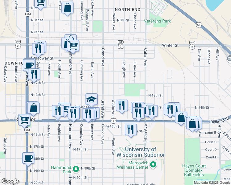map of restaurants, bars, coffee shops, grocery stores, and more near 921 North 13th Street in Superior