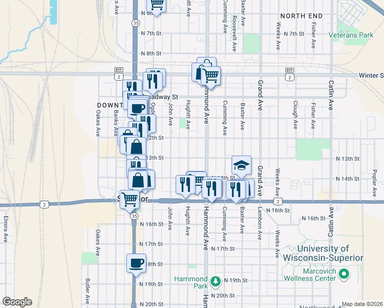 map of restaurants, bars, coffee shops, grocery stores, and more near 1226 Hughitt Avenue in Superior