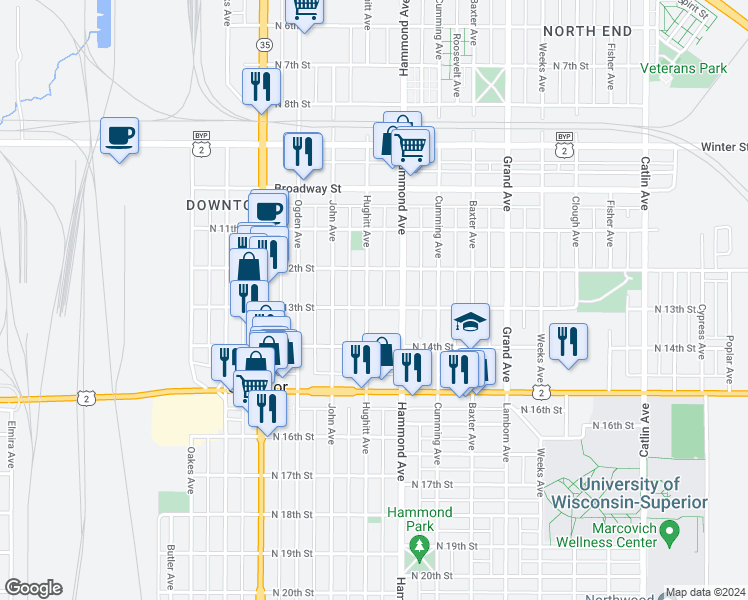 map of restaurants, bars, coffee shops, grocery stores, and more near 1224 Hughitt Avenue in Superior
