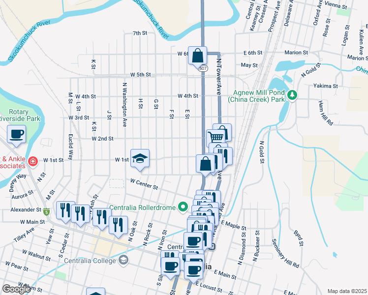 map of restaurants, bars, coffee shops, grocery stores, and more near 715 E Street in Centralia