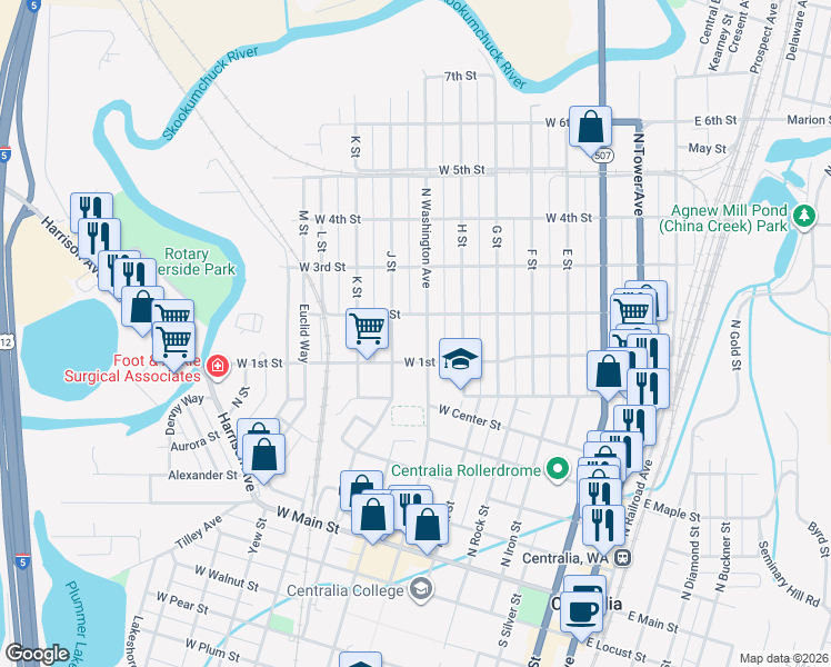 map of restaurants, bars, coffee shops, grocery stores, and more near 717 North Washington Avenue in Centralia