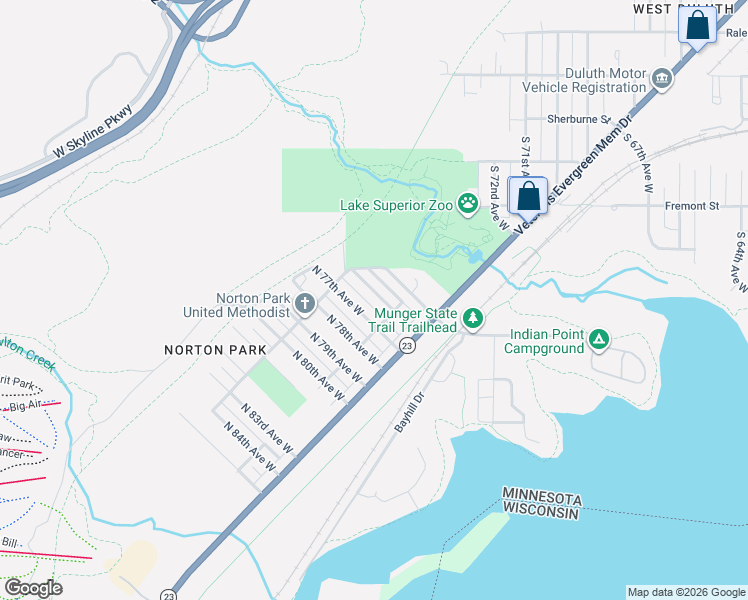 map of restaurants, bars, coffee shops, grocery stores, and more near 413 North 76th Avenue West in Duluth