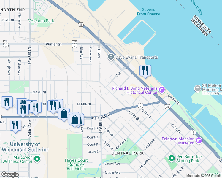 map of restaurants, bars, coffee shops, grocery stores, and more near 420 East Street in Superior
