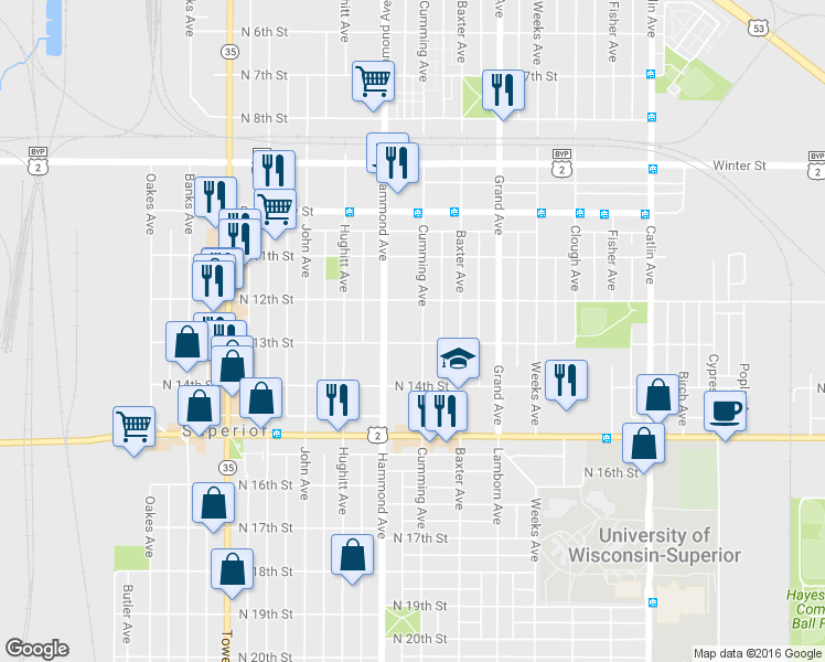 map of restaurants, bars, coffee shops, grocery stores, and more near 1223 Cumming Avenue in Superior