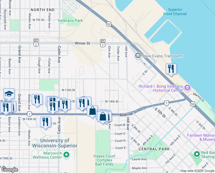 map of restaurants, bars, coffee shops, grocery stores, and more near 1221 Elm Avenue in Superior