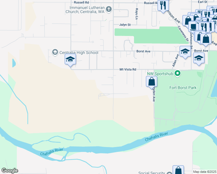 map of restaurants, bars, coffee shops, grocery stores, and more near 3106 Laurel Lane in Centralia