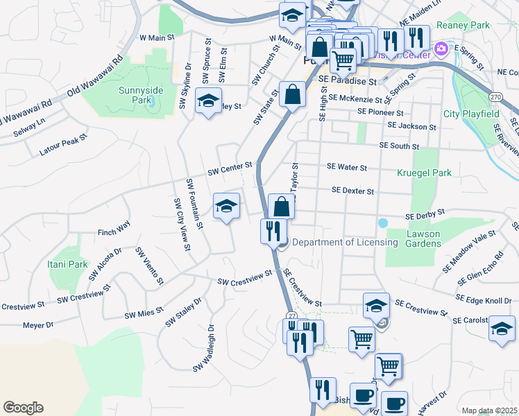 map of restaurants, bars, coffee shops, grocery stores, and more near 755 South Grand Avenue in Pullman