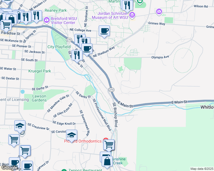 map of restaurants, bars, coffee shops, grocery stores, and more near 1288 Southeast Latah Street in Pullman