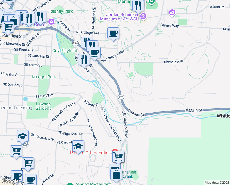 map of restaurants, bars, coffee shops, grocery stores, and more near 1288 Southeast Latah Street in Pullman