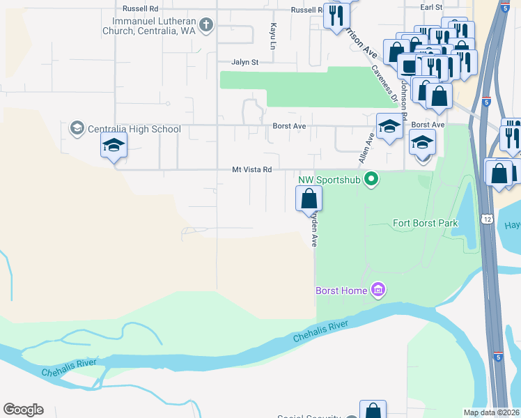 map of restaurants, bars, coffee shops, grocery stores, and more near 609 Bengal Court in Centralia
