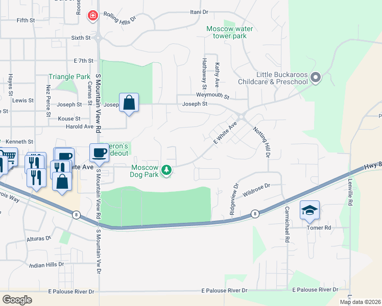 map of restaurants, bars, coffee shops, grocery stores, and more near 2312 East White Avenue in Moscow