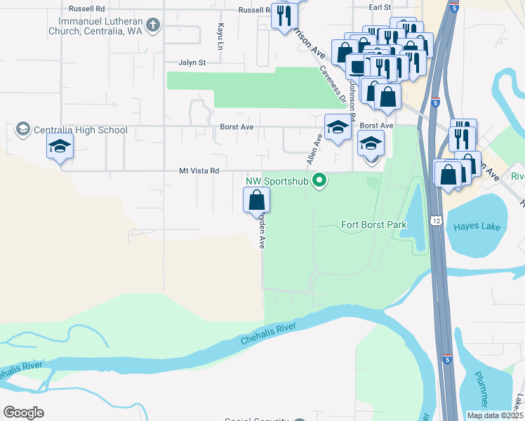 map of restaurants, bars, coffee shops, grocery stores, and more near Bryden Avenue in Centralia