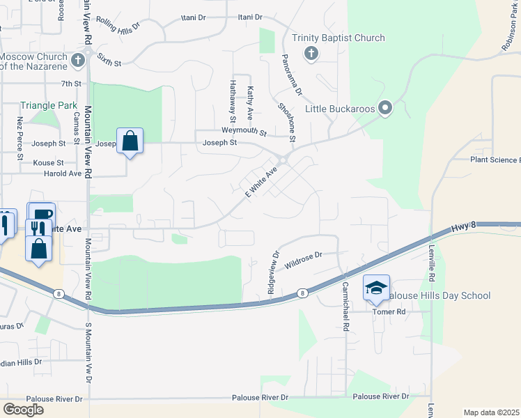 map of restaurants, bars, coffee shops, grocery stores, and more near 2406 Castleford Street in Moscow
