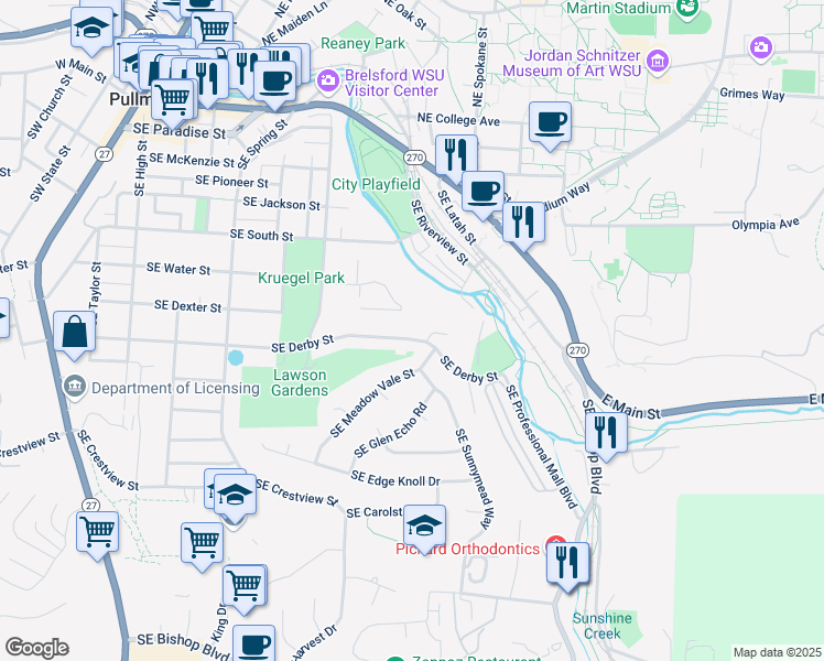map of restaurants, bars, coffee shops, grocery stores, and more near 700-898 SE Derby St in Pullman