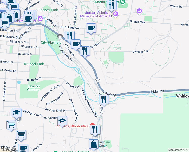 map of restaurants, bars, coffee shops, grocery stores, and more near 1248 Southeast Latah Street in Pullman