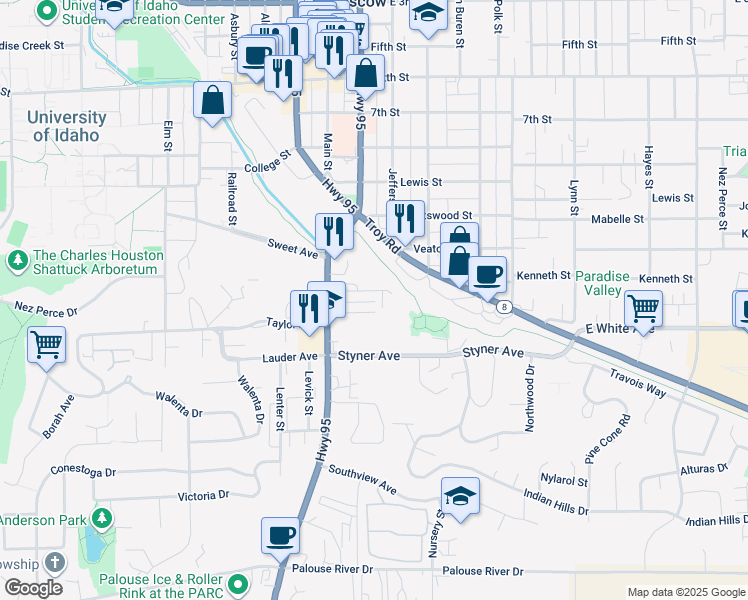 map of restaurants, bars, coffee shops, grocery stores, and more near 1218 South Main Street in Moscow