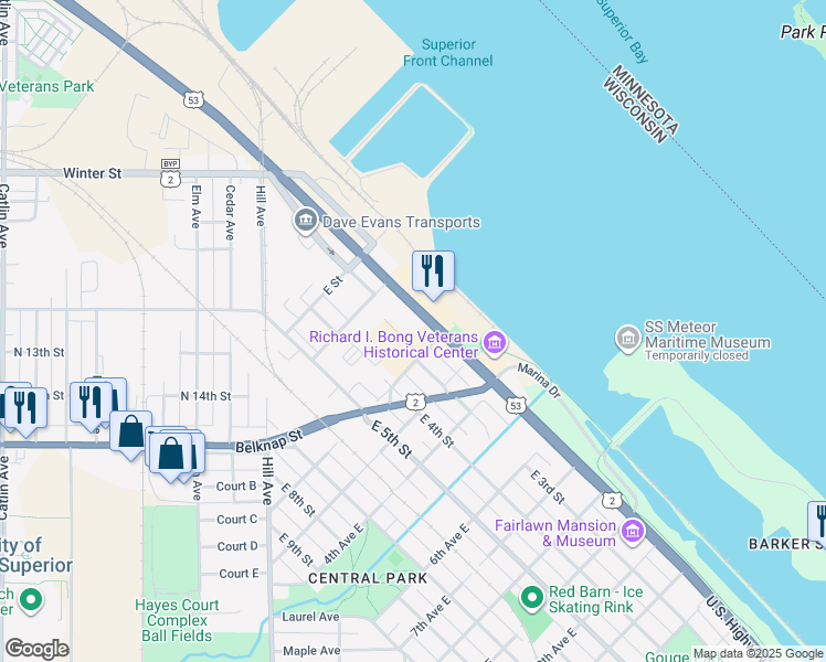 map of restaurants, bars, coffee shops, grocery stores, and more near 110 East 2nd Street in Superior