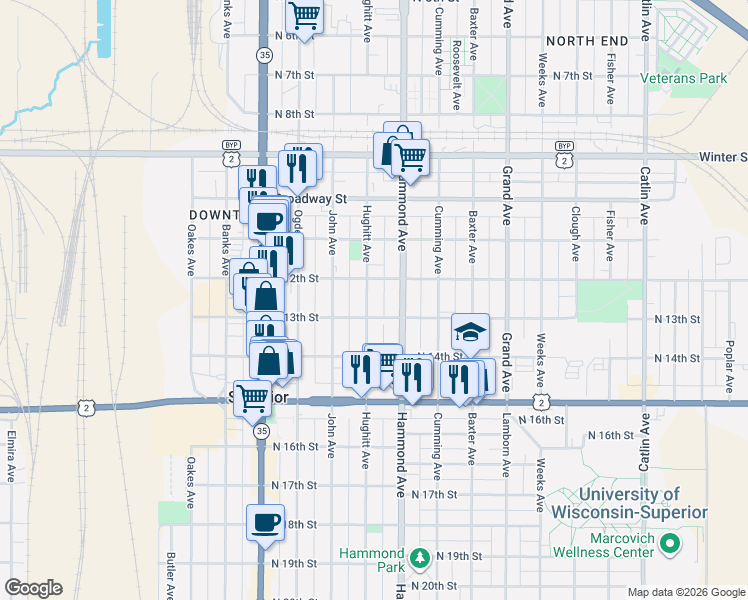 map of restaurants, bars, coffee shops, grocery stores, and more near 1219 Hammond Avenue in Superior