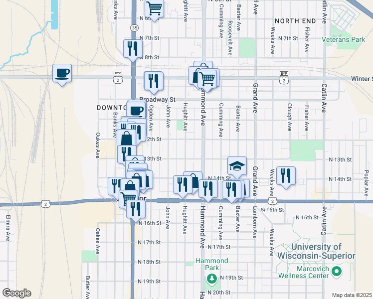 map of restaurants, bars, coffee shops, grocery stores, and more near 1511 North 13th Street in Superior
