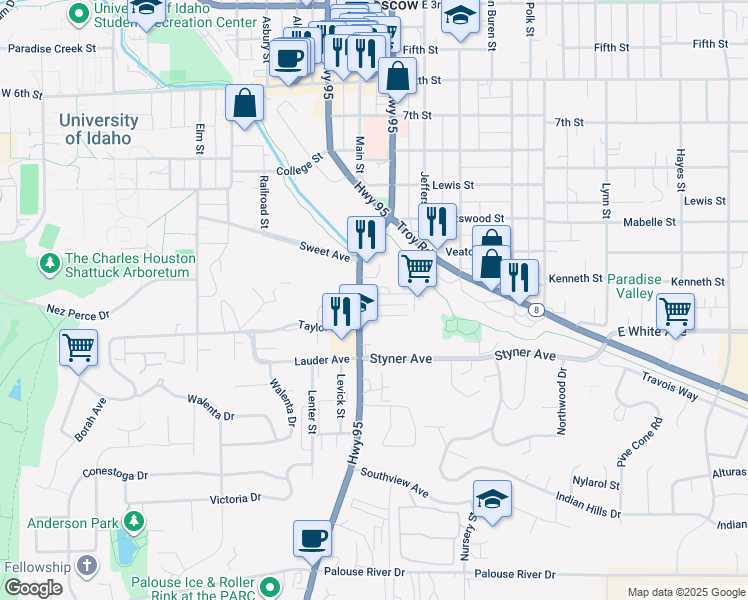 map of restaurants, bars, coffee shops, grocery stores, and more near 1204 South Main Street in Moscow