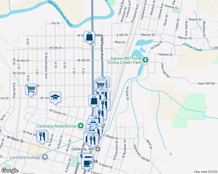 map of restaurants, bars, coffee shops, grocery stores, and more near 710 North Tower Avenue in Centralia