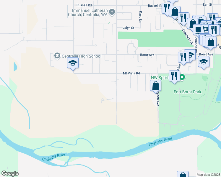 map of restaurants, bars, coffee shops, grocery stores, and more near 3106 Laurel Lane in Centralia