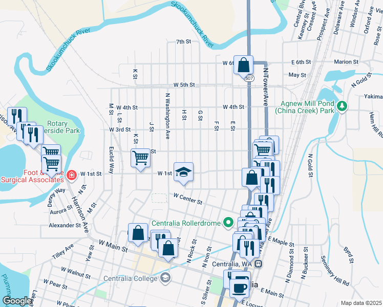 map of restaurants, bars, coffee shops, grocery stores, and more near 514 West 2nd Street in Centralia