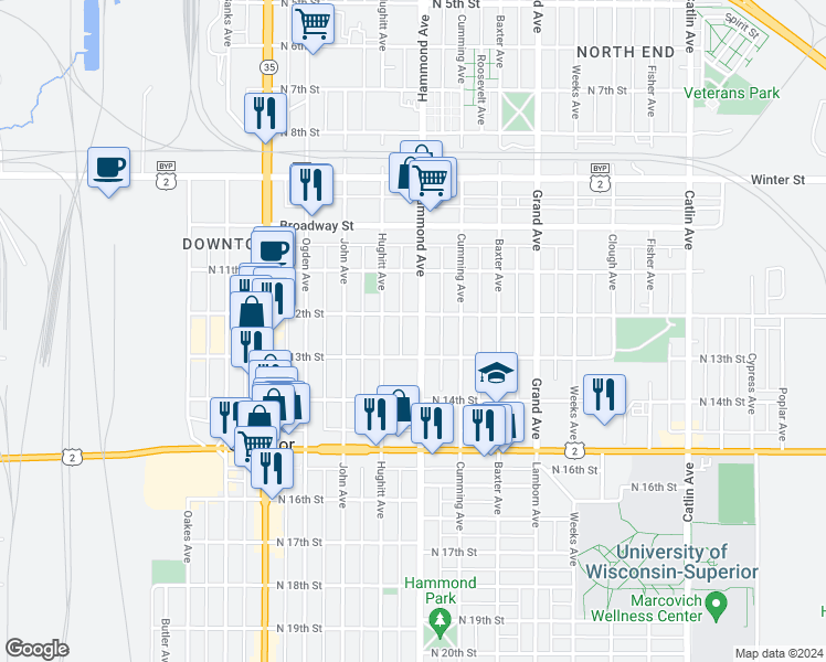 map of restaurants, bars, coffee shops, grocery stores, and more near 1211 Hammond Avenue in Superior