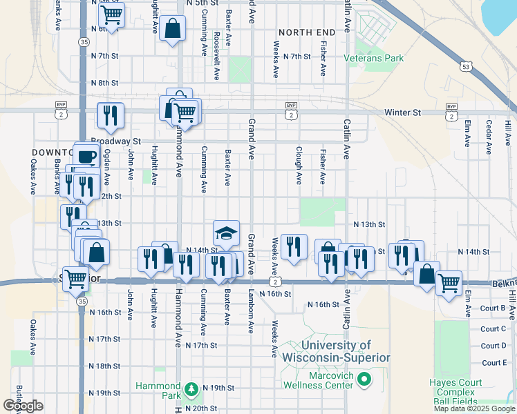 map of restaurants, bars, coffee shops, grocery stores, and more near 1215 Weeks Avenue in Superior