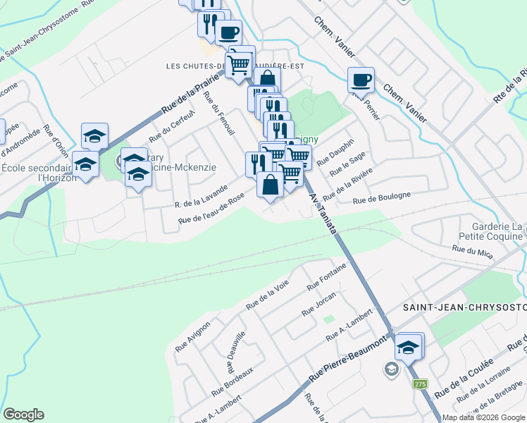 map of restaurants, bars, coffee shops, grocery stores, and more near Rue du Basilic in Lévis