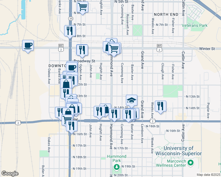 map of restaurants, bars, coffee shops, grocery stores, and more near 1219 Hammond Avenue in Superior