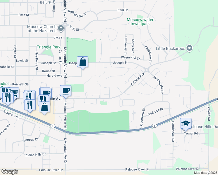 map of restaurants, bars, coffee shops, grocery stores, and more near 1233 Creekside Lane in Moscow