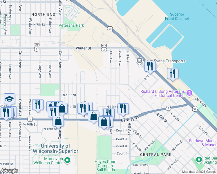 map of restaurants, bars, coffee shops, grocery stores, and more near 1221 Elm Avenue in Superior