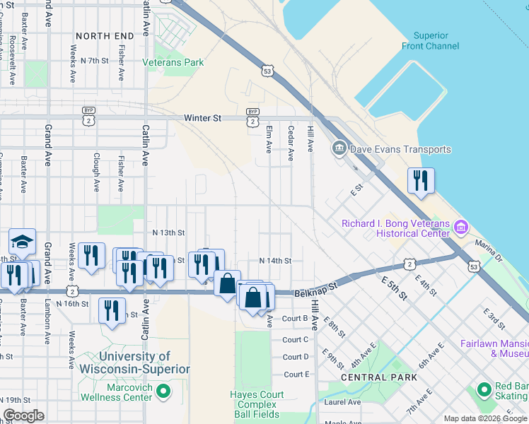 map of restaurants, bars, coffee shops, grocery stores, and more near 1221 Elm Avenue in Superior