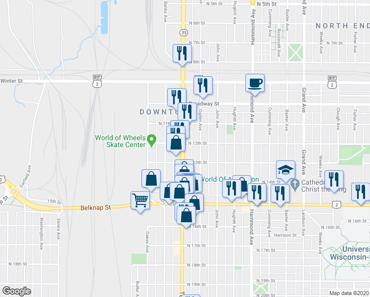 map of restaurants, bars, coffee shops, grocery stores, and more near 1208 Tower Avenue in Superior